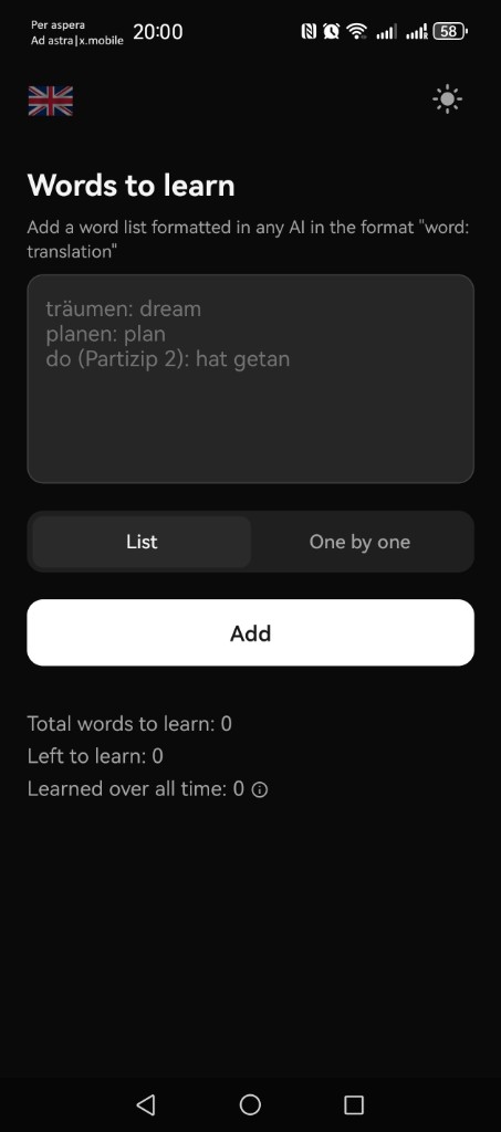 Экран Fluentto: добавление списка слов