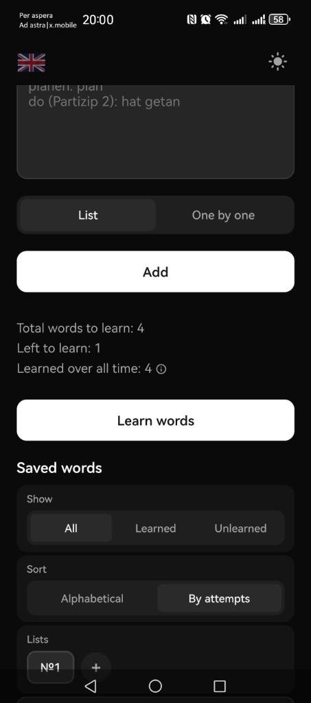 Экран Fluentto: подтверждение правильного ответа